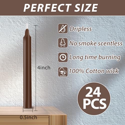 24 Pack Brown Spell Chime Candles – Premium Mini Unscented Taper Candles for Rituals, Prayer, Meditation, Altar, Spells – 4" Tall – Ideal for Witches & Spiritual Practices - color: Brown