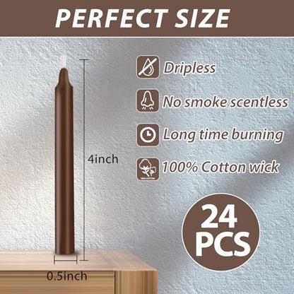 24 Pack Brown Spell Chime Candles – Premium Mini Unscented Taper Candles for Rituals, Prayer, Meditation, Altar, Spells – 4" Tall – Ideal for Witches & Spiritual Practices - color: Brown