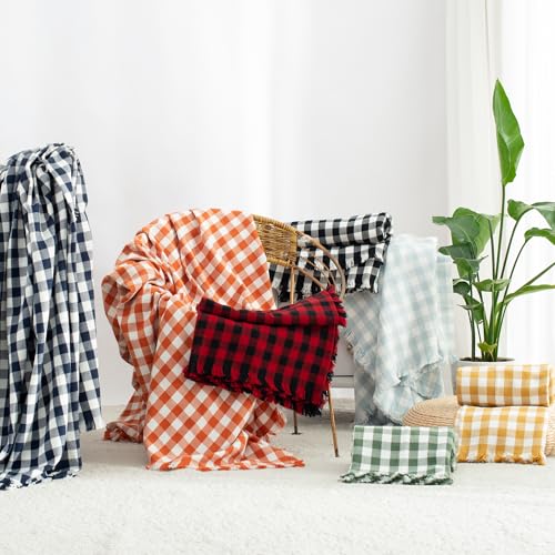 100% Cotton Throw Blanket Plaid Soft Lightweight Cozy Farmhouse Tassels Summer Thin Breathable Throws for Couch Sofa Bed (50" × 60" Navy Blue) - color: Navy Blue, size: 50"x60"