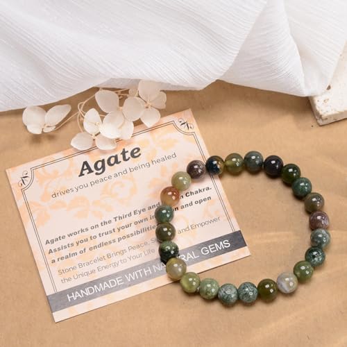 MASSIVE BEADS Handmade Yoga Stretch Elastic Bracelet Natural Stone Crystal Healing Power Energy Gifts for Unisex Adult 4mm 6mm 8mm 10mm - color: Indian Agate(Peaceful), size: 8mm