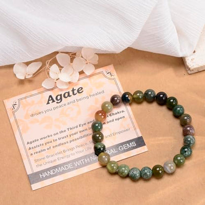 MASSIVE BEADS Handmade Yoga Stretch Elastic Bracelet Natural Stone Crystal Healing Power Energy Gifts for Unisex Adult 4mm 6mm 8mm 10mm - color: Indian Agate(Peaceful), size: 8mm