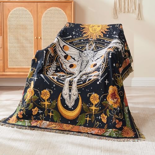 Boho Throw Blanket Reversible Cotton Bohemian Tapestry Hippie Room Decor Outdoor Blanket Double Sided (Black Butterfly 50"x60") - color: Black Butterfly 2, size: 50*60 inch