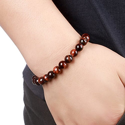 Men Women 8mm Natural Stone Lava Rock Diffuser Bracelet Elastic Yoga Agate Beads Bracelet Bangle - color: Red Tiger Eye