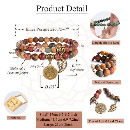 Bivei Natural Semi Precious Gemstone beads bracelet for women - Life Tree and Leaf Charm Energy Reiki Crystal Stretch Bracelets - color: Picasso Jasper Bracelet Set, size: Large:7.87-8.26inch