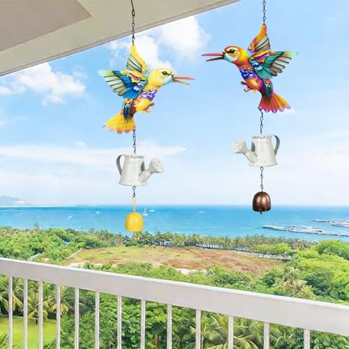 Metal Hummingbird Hanging Decor, Bird Wind Chime Bell Hanging Decor for Outdoor Garden Yard Doors Walls Living Rooms Bedrooms, 2 Pack (Bird-c-Kettle) - style: bird-c-kettle