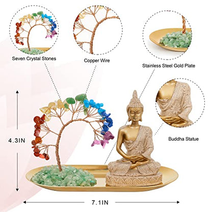 INNOLITES 7 Chakra Crystal Tree and Buddha Statue Set, Yoga Meditation Decor, Money Tree and Buda Statues for Home Living Room Office Shelf Decoration Wealth and Luck