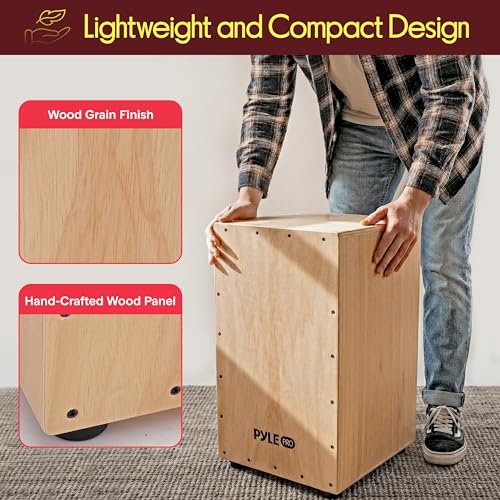 Pyle Jam - Wooden Cajon - Handcrafted Stringed Lightweight Percussion Box With Internal Guitar Strings, Rubber Capped Feet, Suitable For All Ages