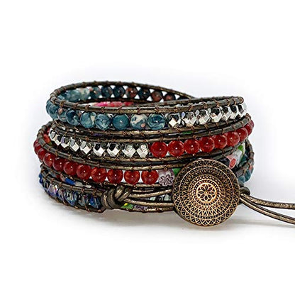 Boho Wrap Bracelet for Women, Handmade Natural Imperial Jasper Multi-Layer Stone Beaded Bracelet, Bohemian Healing Crystal Stone Jewelry Gifts - color: Emperor Stone 2#