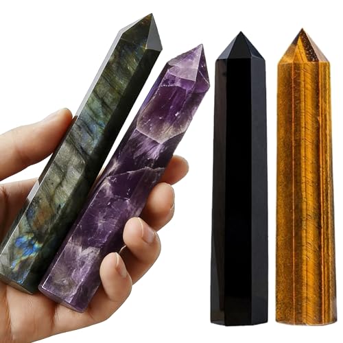 4Pcs 5.9 Inch Natural Crystal Obelisk Tower Set, Polished Hexagonal Point Wand, Obsidian Labradorite Amethyst Tiger's Eye Stone, Reiki Healing Crystal Obelisk Statue, Home Desktop Decor Spiritual Gift - color: 5.9inch/4pcs
