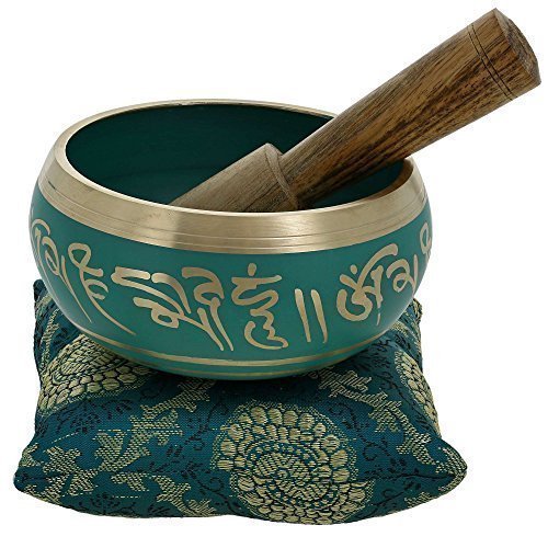 Relaxing Yoga Meditation Buddhist Tibetan Singing Bowl Set Green With Mallet | Cushion | Pillow - color: green