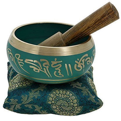 Relaxing Yoga Meditation Buddhist Tibetan Singing Bowl Set Green With Mallet | Cushion | Pillow - color: green