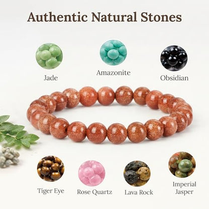 Elm City Direct 8mm Natural Stone Beaded Bracelet – Unisex Crystal Stretch Bracelets for Men & Women, Chakra & Healing Jewelry, Gift-Ready Beaded Bracelets - color: Gold Stone