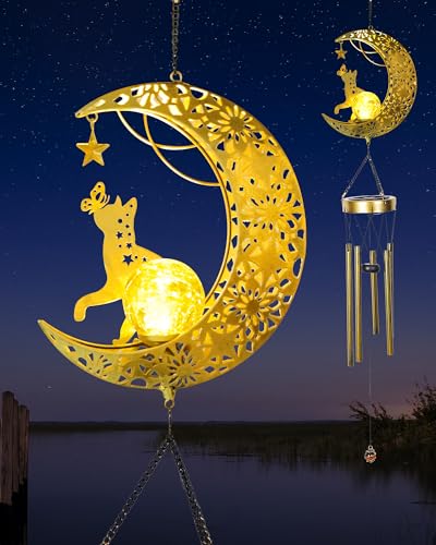 Solar Garden Outdoor Decor, Moon Cat Hanging Wind Chimes, Housewarming Ornament for Patio, Lawn, Yard, Pathway - Unique Gift Ideas for Gardening Mom Grandma Women