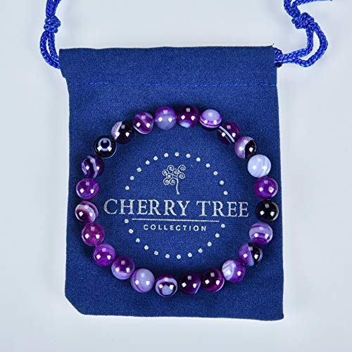Cherry Tree Collection Gemstone Beaded Stretch Bracelet 8mm Round Beads 7" - color: Lace Agate - Purple