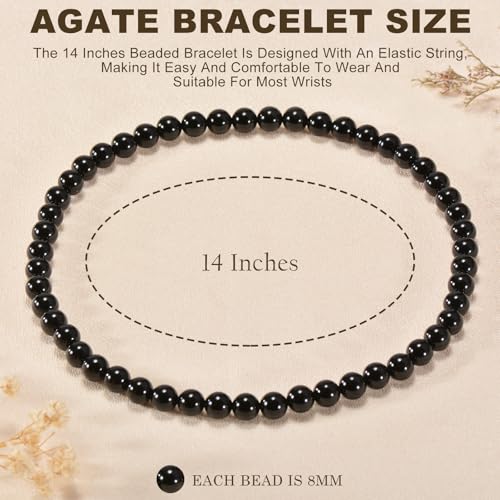 14in Agate Wrap Bracelet for Women Men Natural Round Beaded Agates Stone Healing Stretch Bracelets Elastic Handmade Polished Gemstone Beads Bracelet - color: Black Agate, size: 8mm Beads