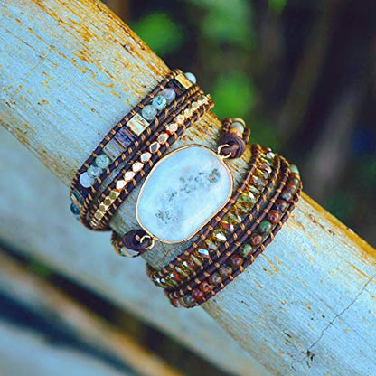 Boho Wrap Bracelet for Women, Handmade Natural Imperial Jasper Multi-Layer Stone Beaded Bracelet, Bohemian Healing Crystal Stone Jewelry Gifts - color: White Opal