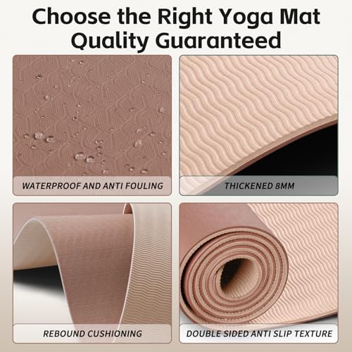 PAIDU Yoga Mat 8mm Super Thick TPE Fitness Mat | SGS Certified | Non-Slip, Odorless & Tear-Resistant | Unisex with Strap | for Yoga, Pilates, Meditation & Home Workouts - color: Brown&Apricot
