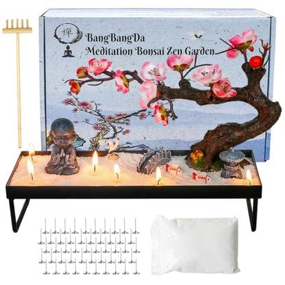 Mini Zen Garden for Desk - Buddha Bonsai Wax Sand Garden Kit Beautiful Japanese Decor Gift Set for Home, Office Desk Zen Sand Tray Therapy Desktop Meditation Room Accessories