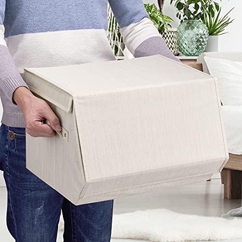 Set of 2 Stackable storage bins,Linen Fabric Foldable Storage Organizer Cubes Box whits Lids and Own-Handle Storage Organizer Bins for Home Office Nursery Living Room Beige 15x10.5 x10inch