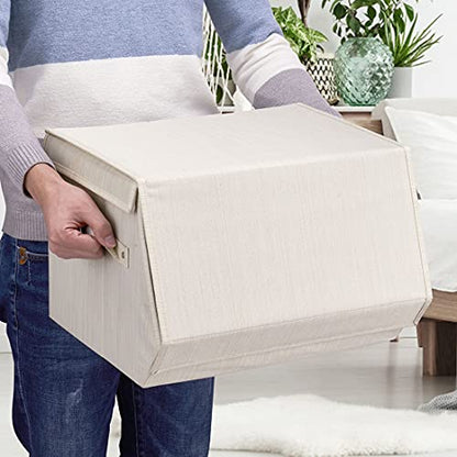 Set of 2 Stackable storage bins,Linen Fabric Foldable Storage Organizer Cubes Box whits Lids and Own-Handle Storage Organizer Bins for Home Office Nursery Living Room Beige 15x10.5 x10inch