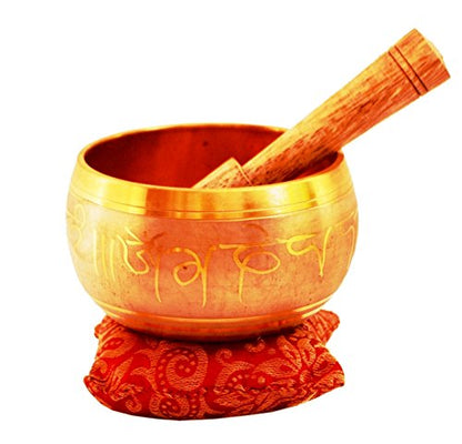 Purpledip Bell Metal Singing Bowl: Tibetan Buddhist Musical Instrument Set For Meditation, 4 inches (11317) - style: Scripture design | 4 inches | Beige