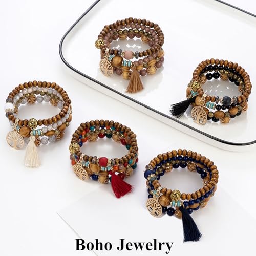 Stackable Stretch Bracelets for Women Tree of Life Bead Bracelet Boho Jewelry - color: 1-Tree-Deep Blue