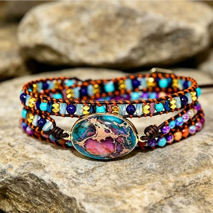 Handmade Boho Wrap Bracelets Natural Turquoise Crystal Stone Variety Beaded Strand Bracelet - color: Purple