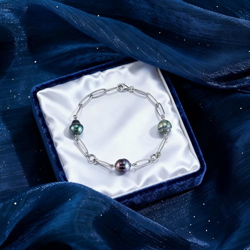 Genuine Tahitian Pearl Bracelet for Women - 3pcs 9-10mm Ocean-Grown Baroque Pearls, Wedding Anniversary Birthday Christmas Gift for Wife Mom Girlfriend Daughter Grandma, Length 6.2”+ 2” Extender