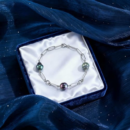 Genuine Tahitian Pearl Bracelet for Women - 3pcs 9-10mm Ocean-Grown Baroque Pearls, Wedding Anniversary Birthday Christmas Gift for Wife Mom Girlfriend Daughter Grandma, Length 6.2”+ 2” Extender