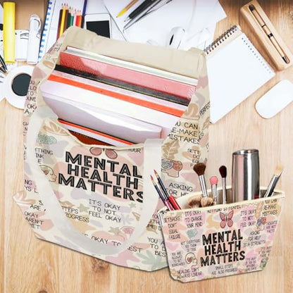 Mental Health Gifts for Women, 2PCS Cosmetic Bag Canvas Tote Bag Beach Bags with Pocket Makeup Bags Positive Mental Health Gifts Inspirational Gift for Women Friend Birthday Friendship Christmas - color: Mental Health1 0942