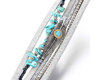 Fesciory Leopard Bracelet for Women, Boho Leather Wrap Multi-Layer Pearl Crystal Bracelet Bangle Jewelry - style: Feather