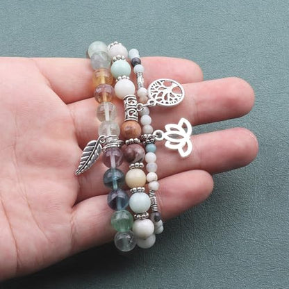 Tree of Life Yoga Healing Stone Bracelets,Multilayer Lotus Chakra Stone Reiki Bracelet Sets,Anxiety Crystal Natural Stone,for Women Stress Relief - style: Amazonite + Fluorite
