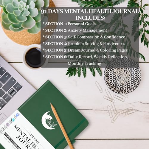 Mental Health Journal, 91-Day Self Care Journal for Women Men, Guided Anxiety & Stress Relief Journal with Mood Tracker, Cognitive Behavioral Therapy Journaling with Mental Health Coloring Pages & Dream Log - color: Dark Green
