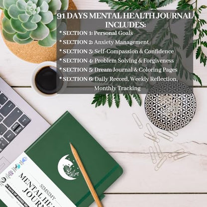 Mental Health Journal, 91-Day Self Care Journal for Women Men, Guided Anxiety & Stress Relief Journal with Mood Tracker, Cognitive Behavioral Therapy Journaling with Mental Health Coloring Pages & Dream Log - color: Dark Green