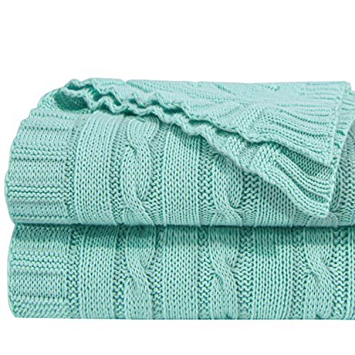 NTBAY 100% Pure Cotton Cable Knit Throw Blanket, Super Soft Warm 51x67 Knitted Throw Blanket for Couch, Sofa, Chair, Bed - Extra Cozy, Machine Washable, Comfortable Home Decor, Mint - color: Mint, size: Throw(51"x67")
