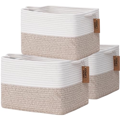 COMFY-HOMI 3-Pack Cotton Rope Woven Basket with Handles for Shelves, Books, Toys, Cloth Storage|Towel Storage|Nursery Baby Basket - 13.5" x 11" x 9.5" for Living Room (White/Brown) - color: white/brown, size: 13.5" x 11" x 9.5"