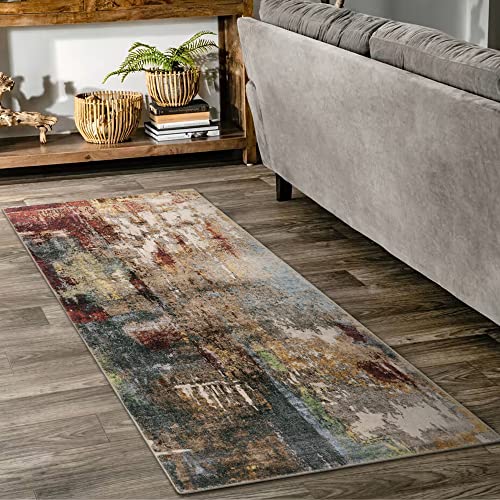 Lahome Modern Abstract Bathroom Runner Rug, 2x4.3 Red Entryway Carpet Runner Rugs with Rubber Backing, Soft Washable Non Slip Laundry Room Rugs and Mats for Bedroom Door Foyer Kitchen Hallway - color: Red/Multi, size: 2' x 4.3'