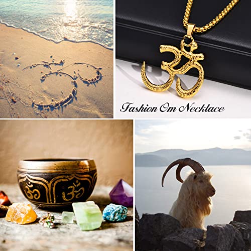Stainless Steel Om Necklace for Men Women, gold plated/Silver/Black Yoga Charm Pendant Necklaces Aum Om Ohm Sanskrit Symbol Hindu Meditation Chain Necklace,Mens Womens Jewelry Gifts - color: Gold