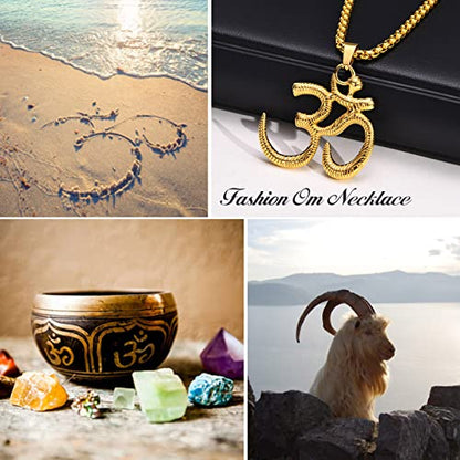 Stainless Steel Om Necklace for Men Women, gold plated/Silver/Black Yoga Charm Pendant Necklaces Aum Om Ohm Sanskrit Symbol Hindu Meditation Chain Necklace,Mens Womens Jewelry Gifts - color: Gold