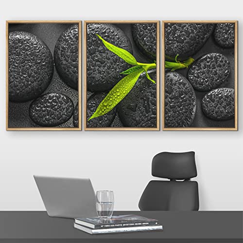 wall26 - Framed Canvas Bamboo Branch on Zen Stone - Canvas Art Wall Art - 16"x24"x3 Natural - color: Artwork - D762, size: 16" x 24" x 3 Panels NATURAL