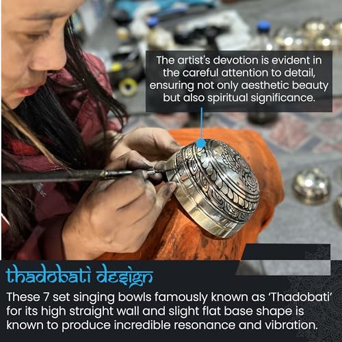 KHUSI Tibetan Singing Bowl Set of 7, Thadobati, Handcrafted, Mantra Engraved Singing Bowl for Yoga, Chakra healing, Relaxation, Stress Relief, Comes w/silk cushions, 7 sticks, Brocade Box