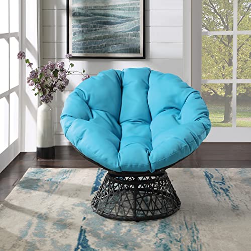 OSP Home Furnishings Wicker Papasan Chair with 360-Degree Swivel, Grey Frame with Blue Cushion