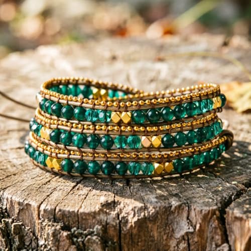 YGLINE Natural Stone Wrap Bracelet for Women Boho Bracelets Healing Crystal Beaded Bracelet Adjustable 3/5 Wraps Bracelet Handmade Birthday Gifts for Women - color: Green Agate(3 wraps)
