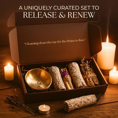 Anima Premium Energy Cleansing Set – White Sage Smudge Sticks, Palo Santo Sticks, Clear Quartz & Selenite Crystal with Smudge Bowl for Crystals & Home Cleansing, Meditation & Manifestation