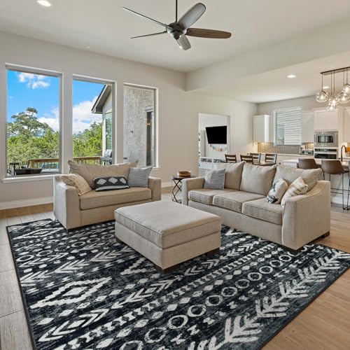 Lahome Moroccan Area Rugs 9x12 Living Room, Black Washable Non-Slip Ultra-Thin Stain Resistant Rugs for Dinning Room, Geometric Print Boho Indoor Large Carpet for Bedroom Playroom Office Varena - color: Black/White, size: 9' x 12'