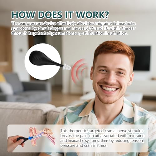 Ear Pressure Relief Suction Device for Migraine & Tinnitus Relief, Reusable Ear Pressure Relief Tool for Ringing Ears, Clogged Ears & Airplane Travel Discomfort, Includes 3 Sizes Earplugs, Black