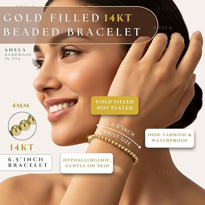 Anela 14k Gold Filled Beaded Bracelet for Women | 4mm Gold Beaded Bracelet | Stackable Gold Stretch Bracelets, Waterproof, Non Tarnish Dainty Gold Bracelet for Women Gifts, Handmade in USA