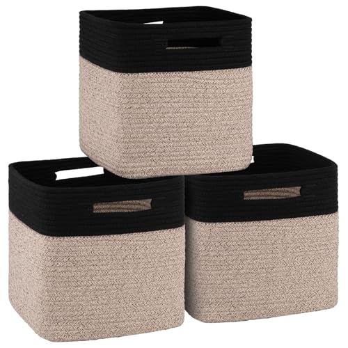 OIAHOMY Cube Storage Basket, 3-Pack Woven Cotton Rope Baskets for Storage, 11-Inch Cube Basket with Handles, Great for Shelves, Closets, Children's Toy Storage and Organization-Black & Brown - color: Black & Brown