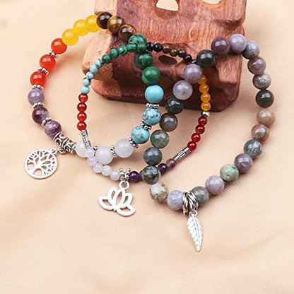 Tree of Life Yoga Healing Stone Bracelets,Multilayer Lotus Chakra Stone Reiki Bracelet Sets,Anxiety Crystal Natural Stone,for Women Stress Relief - style: Chakra+Indian agate
