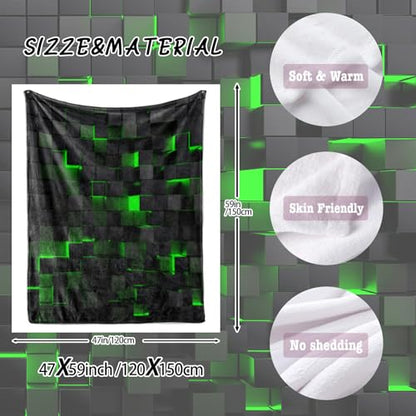 Lightweight Fleece Blanket,Super Soft Cozy Fluffy Plush Geometric Green Black Abstract Ombre Print Throw Blanket for Couch, Sofa, Bed 47"x59" - color: Geometric Green Black